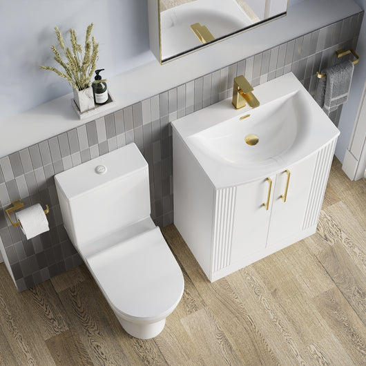  Deco Curved 600mm Cloakroom Bathroom Suite - White & Brushed Brass handle