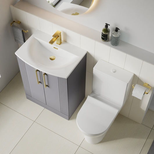  Deco Curved 600mm Cloakroom Bathroom Suite - Satin Grey & Brushed Brass handle