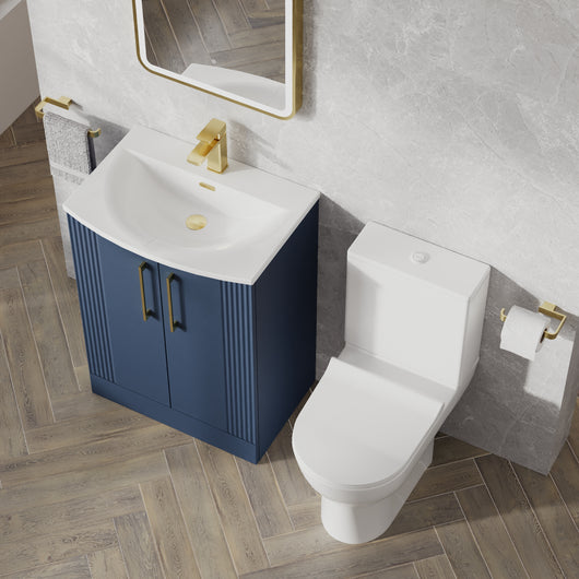  Deco Curved 600mm Cloakroom Bathroom Suite - Satin Blue & Brushed Brass handle