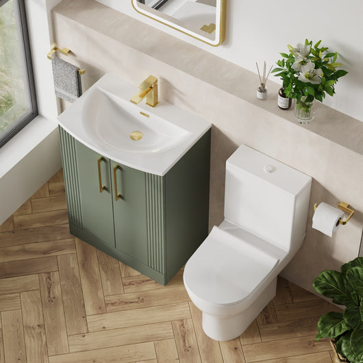  Deco Curved 600mm Cloakroom Bathroom Suite - Satin Green & Brushed Brass handle