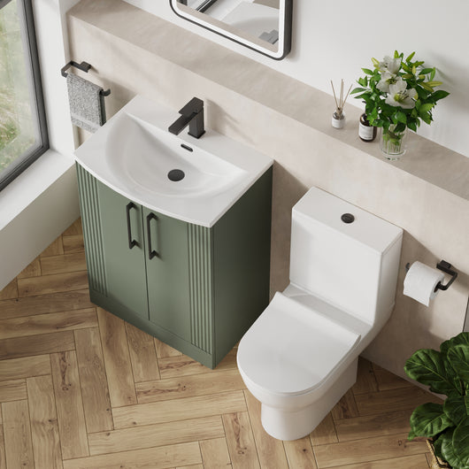  Deco Curved 600mm Cloakroom Bathroom Suite - Satin Green & Black handle