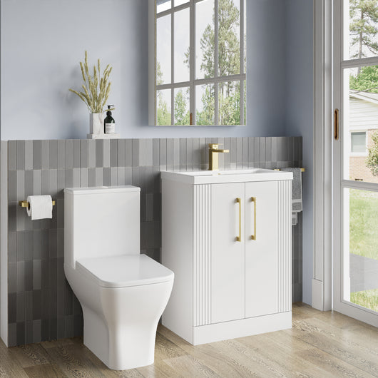  Deco Squared 500mm Cloakroom Bathroom Suite - White & Brushed Brass handle