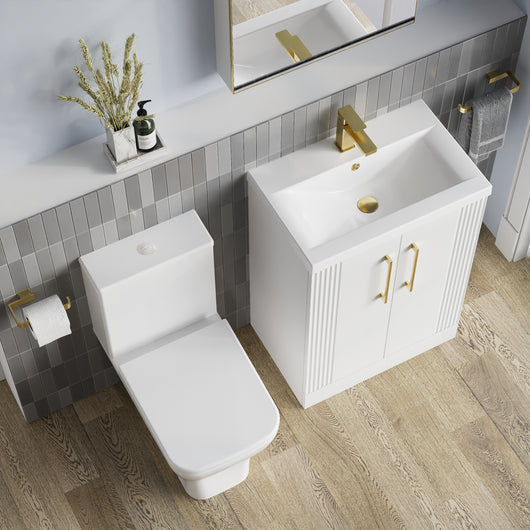  Deco Squared 600mm Cloakroom Bathroom Suite - White & Brushed Brass handle