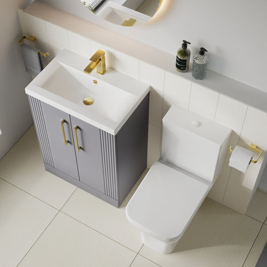  Deco Squared 600mm Cloakroom Bathroom Suite - Satin Grey & Brushed Brass handle