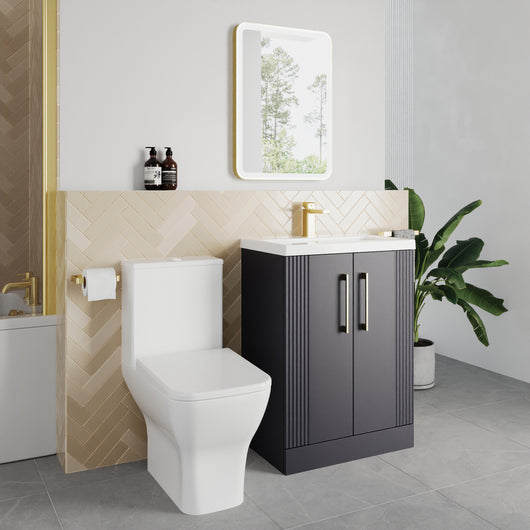  Deco Squared 500mm Cloakroom Bathroom Suite - Soft Black & Brushed Brass handle