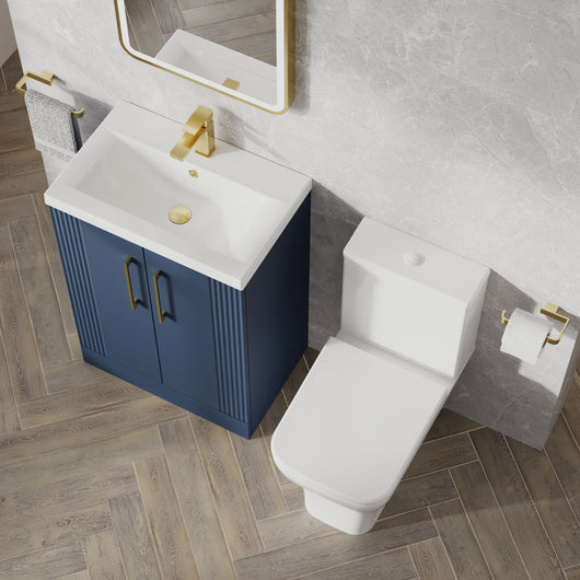  Deco Squared 600mm Cloakroom Bathroom Suite - Satin Blue & Brushed Brass handle