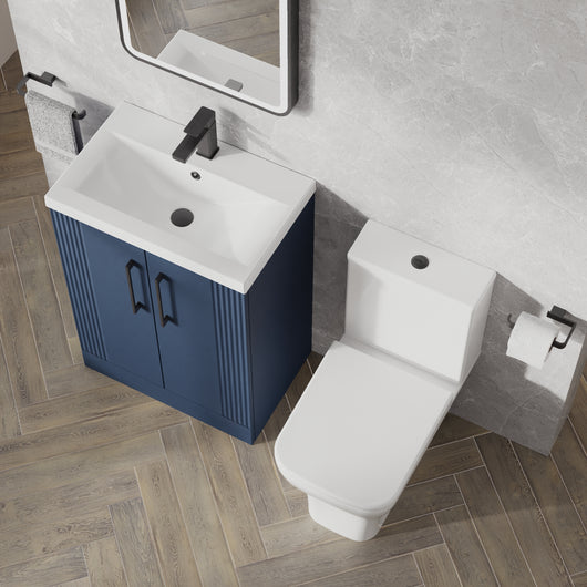  Deco Squared 600mm Cloakroom Bathroom Suite - Satin Blue & Black handle