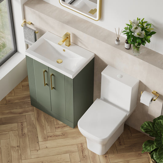  Deco Squared 600mm Cloakroom Bathroom Suite - Satin Green & Brushed Brass handle