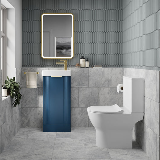  Deco 400mm Cloakroom Bathroom Suites with Close Couple Toilet - Satin Blue & Brushed Brass Finishing