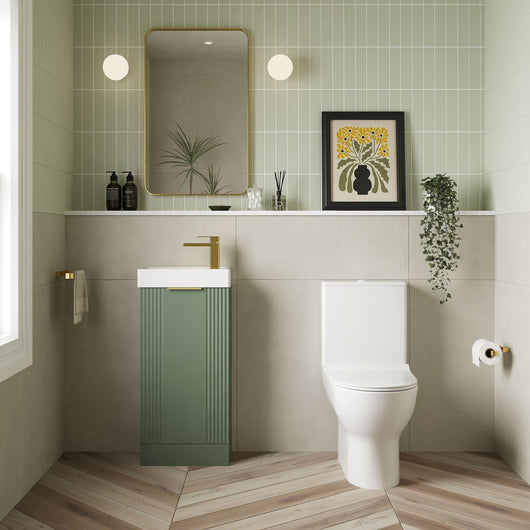  Deco 400mm Cloakroom Bathroom Suites with Close Couple Toilet - Satin Green & Brushed Brass Finishing