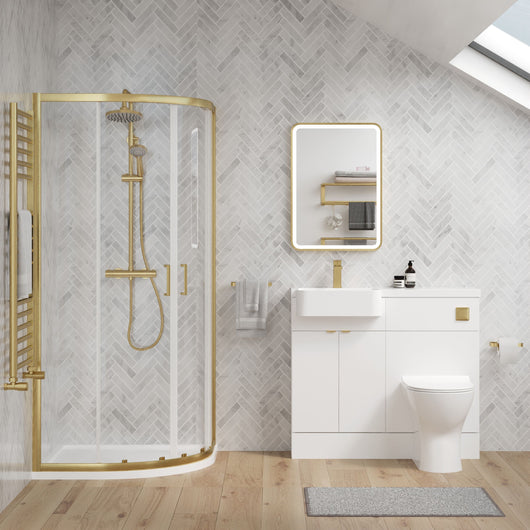  Calver 1100mm Gloss White Vanity WC Unit & Brushed Brass Quadrant Shower Enclosure Bathroom Suite