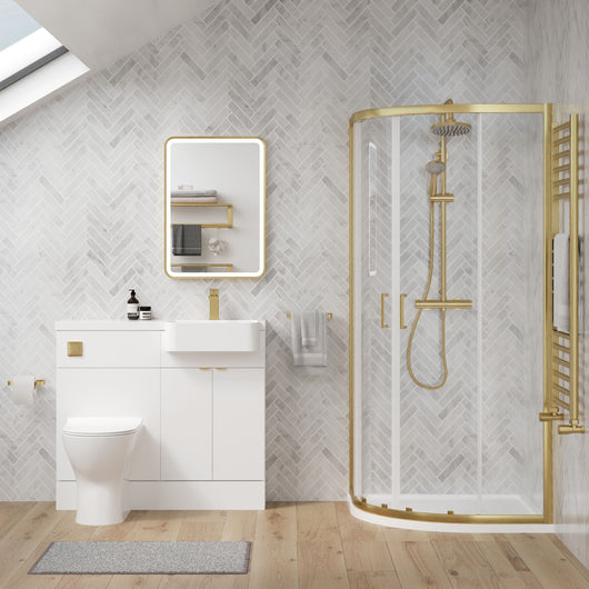  Calver 1100mm Gloss White Vanity WC Unit & Brushed Brass Offset Quadrant Shower Enclosure Bathroom Suite