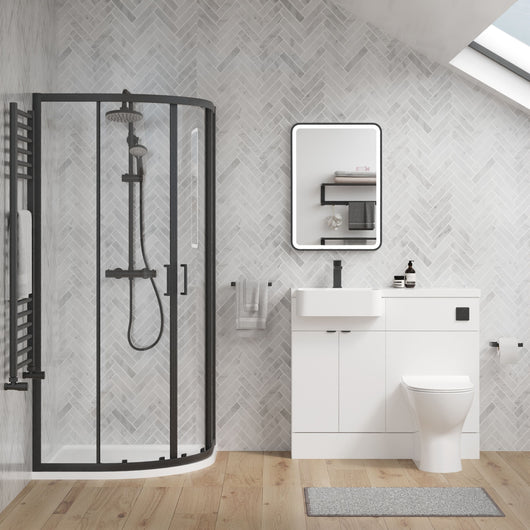  Calver 1000mm Gloss White Vanity WC Unit & Black Quadrant Shower Enclosure Bathroom Suite