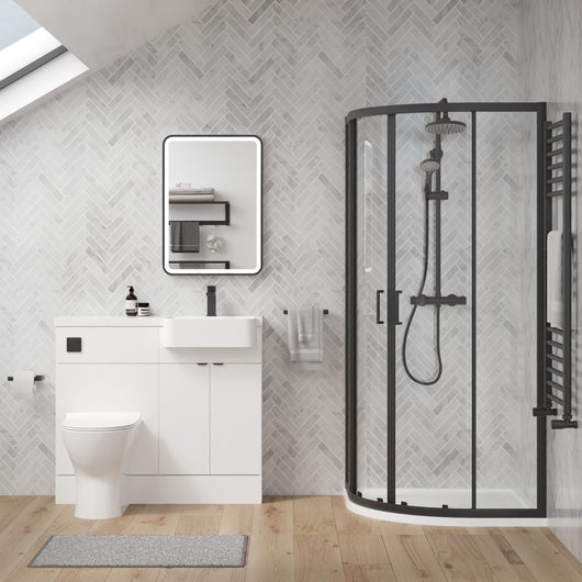  Calver 1000mm Gloss White Vanity WC Unit & Black Offset Quadrant Shower Enclosure Bathroom Suite