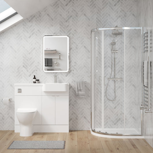  Calver 1000mm Gloss White Vanity WC Unit & Chrome Offset Quadrant Shower Enclosure Bathroom Suite