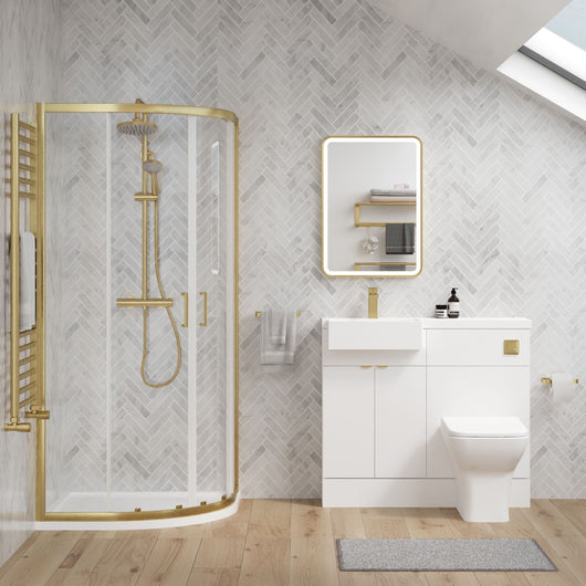  Bradwell 1000mm Gloss White Vanity WC Unit & Brushed Brass Quadrant Shower Enclosure Bathroom Suite