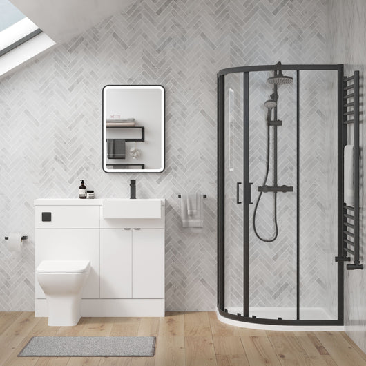  Bradwell 1100mm Gloss White Vanity WC Unit & Black Offset Quadrant Shower Enclosure Bathroom Suite