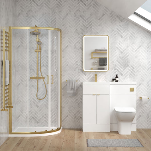  Parkhouse 1000mm Gloss White Vanity WC Unit & Brushed Brass Quadrant Shower Enclosure Bathroom Suite