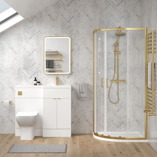  Parkhouse 1000mm Gloss White Vanity WC Unit & Brushed Brass Offset Quadrant Shower Enclosure Bathroom Suite