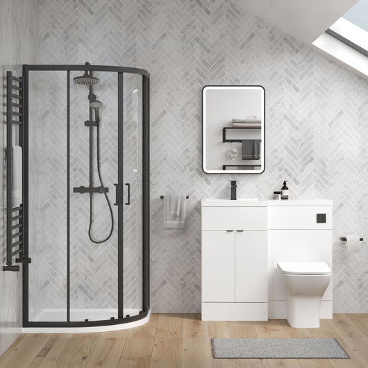  Parkhouse 1100mm Gloss White Vanity WC Unit & Black Quadrant Shower Enclosure Bathroom Suite