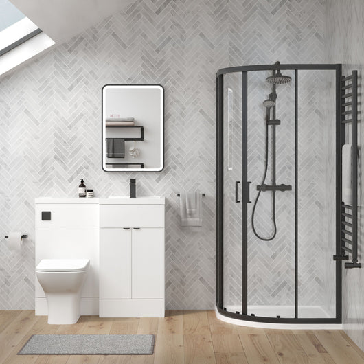  Parkhouse 1100mm Gloss White Vanity WC Unit & Black Offset Quadrant Shower Enclosure Bathroom Suite