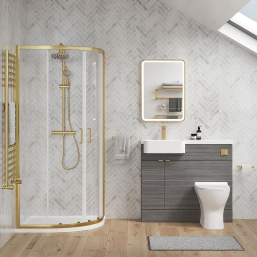  Calver 1100mm Anthracite Woodgrain Vanity WC Unit & Brushed Brass Quadrant Shower Enclosure Bathroom Suite