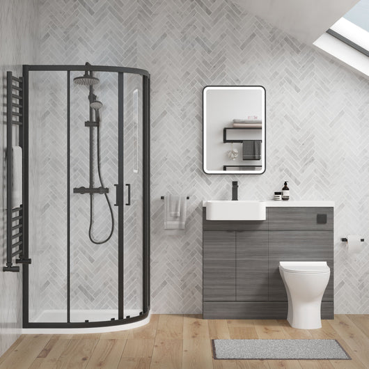  Calver 1000mm Anthracite Woodgrain Vanity WC Unit & Black Quadrant Shower Enclosure Bathroom Suite