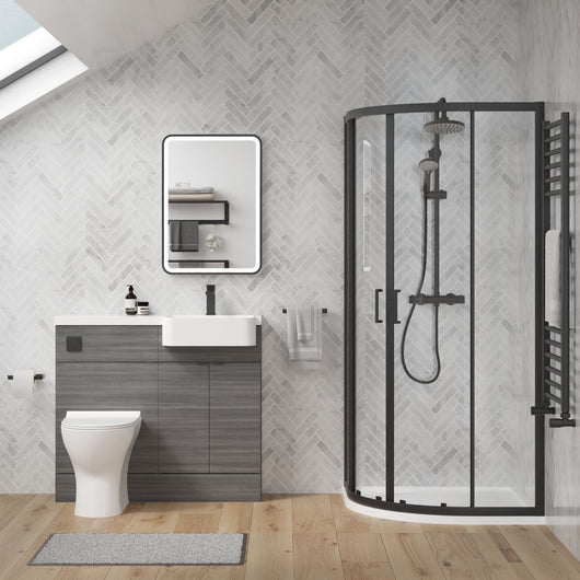  Calver 1000mm Anthracite Woodgrain Vanity WC Unit & Black Offset Quadrant Shower Enclosure Bathroom Suite