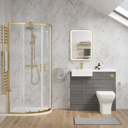  Bradwell 1100mm Anthracite Woodgrain Vanity WC Unit & Brushed Brass Quadrant Shower Enclosure Bathroom Suite