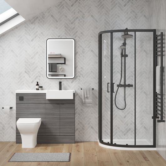  Bradwell 1100mm Anthracite Woodgrain Vanity WC Unit & Black Offset Quadrant Shower Enclosure Bathroom Suite