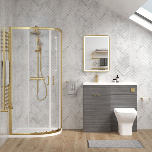  Parkhouse 1100mm Anthracite Woodgrain Vanity WC Unit & Brushed Brass Quadrant Shower Enclosure Bathroom Suite