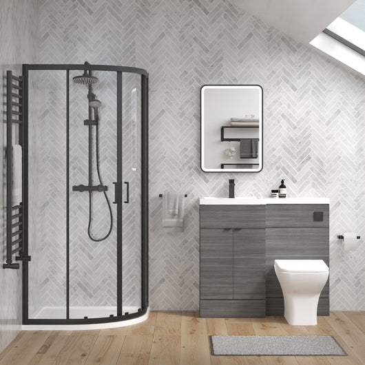  Parkhouse 1100mm Anthracite Woodgrain Vanity WC Unit & Black Quadrant Shower Enclosure Bathroom Suite