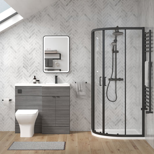  Parkhouse 1000mm Anthracite Woodgrain Vanity WC Unit & Black Offset Quadrant Shower Enclosure Bathroom Suite