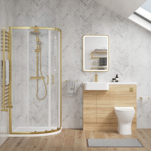  Calver 1000mm Bleached Oak Vanity WC Unit & Brushed Brass Quadrant Shower Enclosure Bathroom Suite