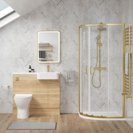  Calver 1100mm Bleached Oak Vanity WC Unit & Brushed Brass Offset Quadrant Shower Enclosure Bathroom Suite