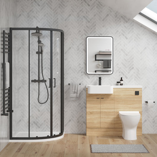  Calver 1100mm Bleached Oak Vanity WC Unit & Black Quadrant Shower Enclosure Bathroom Suite