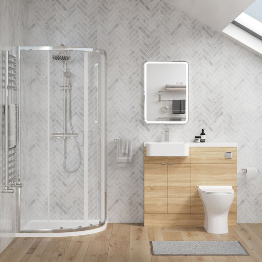  Calver 1100mm Bleached Oak Vanity WC Unit & Chrome Quadrant Shower Enclosure Bathroom Suite