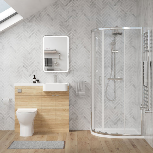  Calver 1000mm Bleached Oak Vanity WC Unit & Chrome Offset Quadrant Shower Enclosure Bathroom Suite