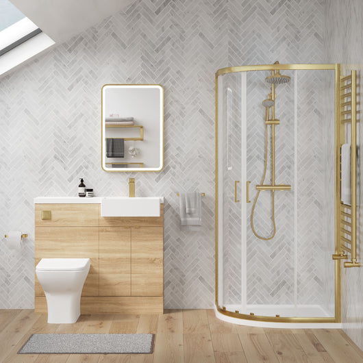  Bradwell 1100mm Bleached Oak Vanity WC Unit & Brushed Brass Offset Quadrant Shower Enclosure Bathroom Suite