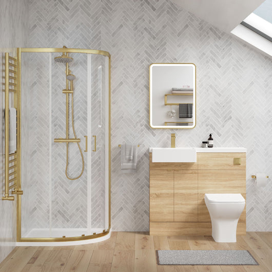  Bradwell 1100mm Bleached Oak Vanity WC Unit & Brushed Brass Quadrant Shower Enclosure Bathroom Suite