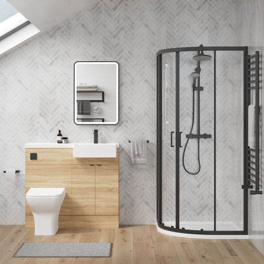  Bradwell 1100mm Bleached Oak Vanity WC Unit & Black Offset Quadrant Shower Enclosure Bathroom Suite