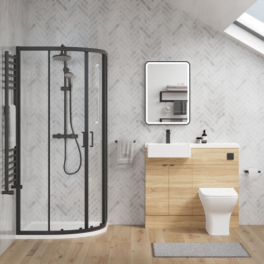  Bradwell 1100mm Bleached Oak Vanity WC Unit & Black Quadrant Shower Enclosure Bathroom Suite