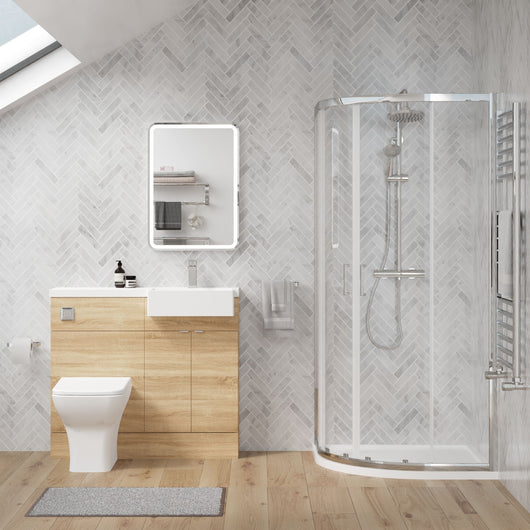  Bradwell 1100mm Bleached Oak Vanity WC Unit & Chrome Offset Quadrant Shower Enclosure Bathroom Suite