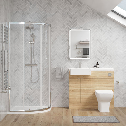  Bradwell 1100mm Bleached Oak Vanity WC Unit & Chrome Quadrant Shower Enclosure Bathroom Suite