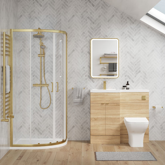  Parkhouse 1000mm Bleached Oak Vanity WC Unit & Brushed Brass Quadrant Shower Enclosure Bathroom Suite