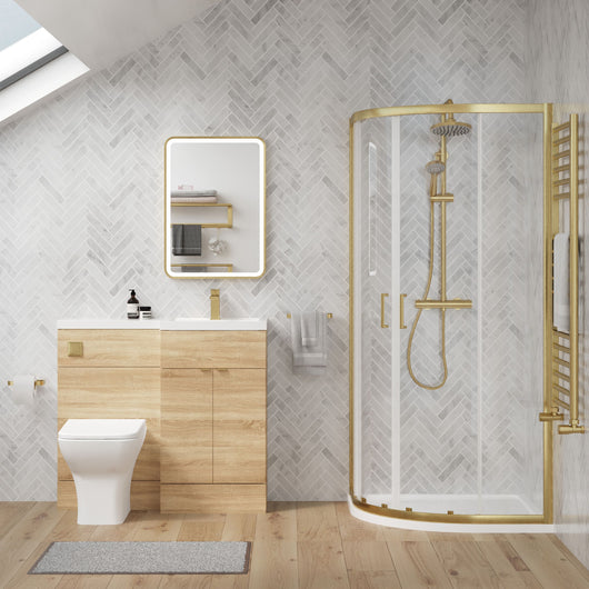  Parkhouse 1100mm Bleached Oak Vanity WC Unit & Brushed Brass Offset Quadrant Shower Enclosure Bathroom Suite