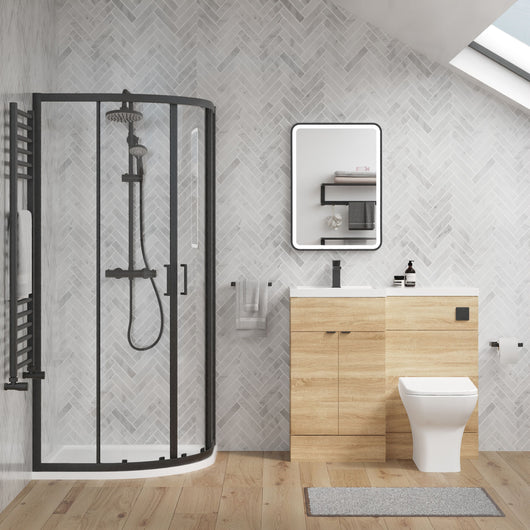  Parkhouse 1000mm Bleached Oak Vanity WC Unit & Black Quadrant Shower Enclosure Bathroom Suite