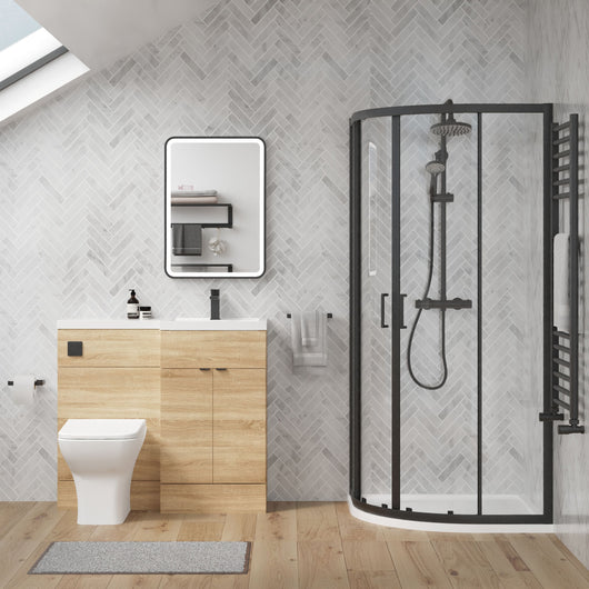  Parkhouse 1100mm Bleached Oak Vanity WC Unit & Black Offset Quadrant Shower Enclosure Bathroom Suite