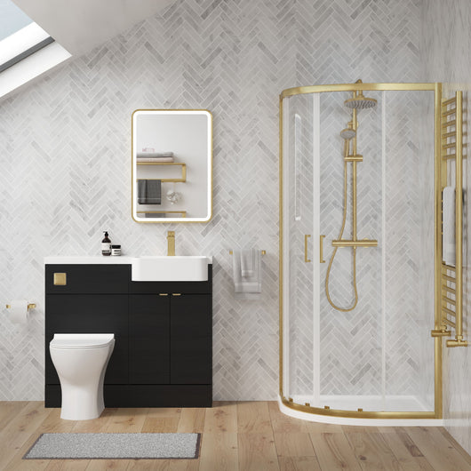  Calver 1000mm Charcoal Black Vanity WC Unit & Brushed Brass Offset Quadrant Shower Enclosure Bathroom Suite