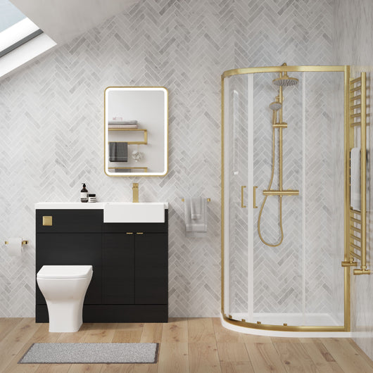  Bradwell 1000mm Charcoal Black Vanity WC Unit & Brushed Brass Offset Quadrant Shower Enclosure Bathroom Suite